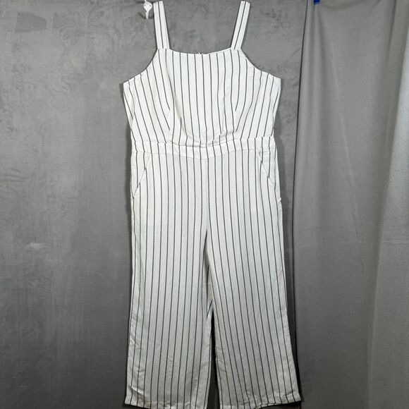 Loft Womens Linen Blend Jumpsuit XL White Black Stripe Sleeveless Wide Leg Boho - Picture 2 of 11
